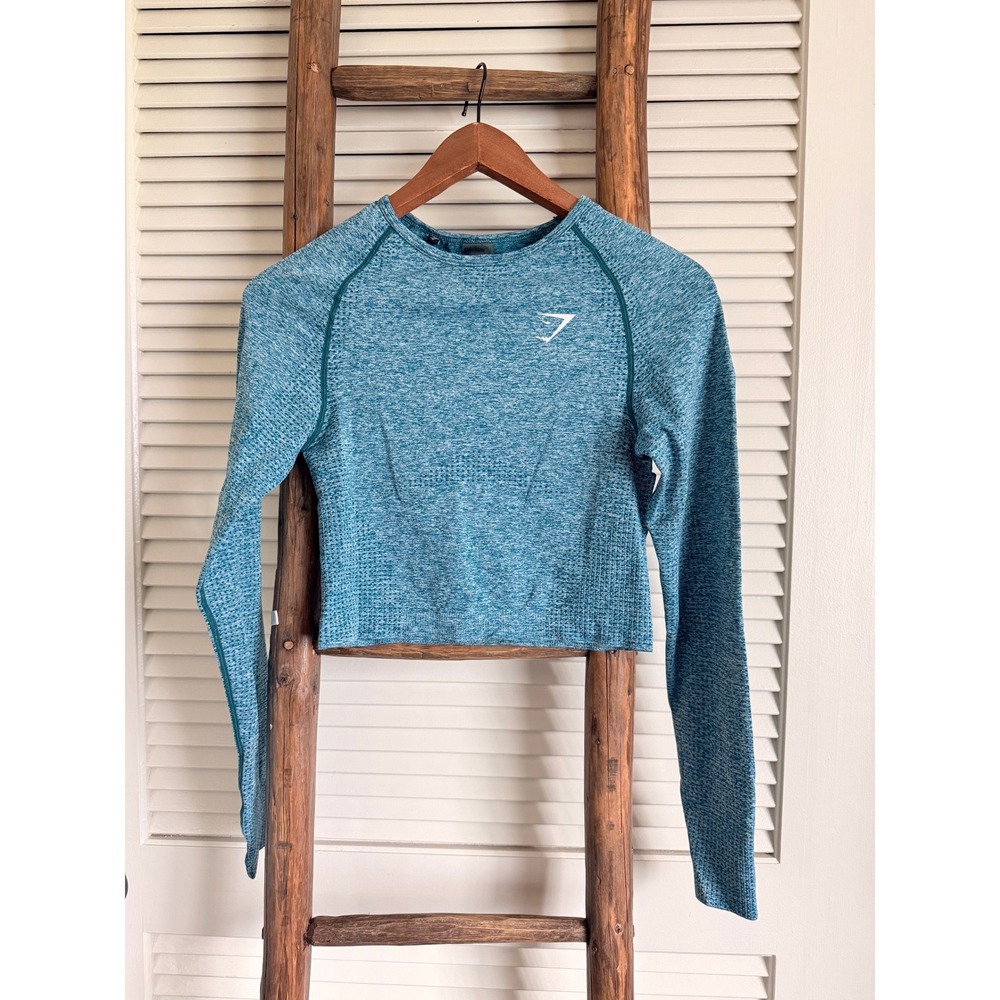 Gymshark Vital Seamless Long Sleeve Crop Top Teal Blue Marl Thumbholes Size S‎